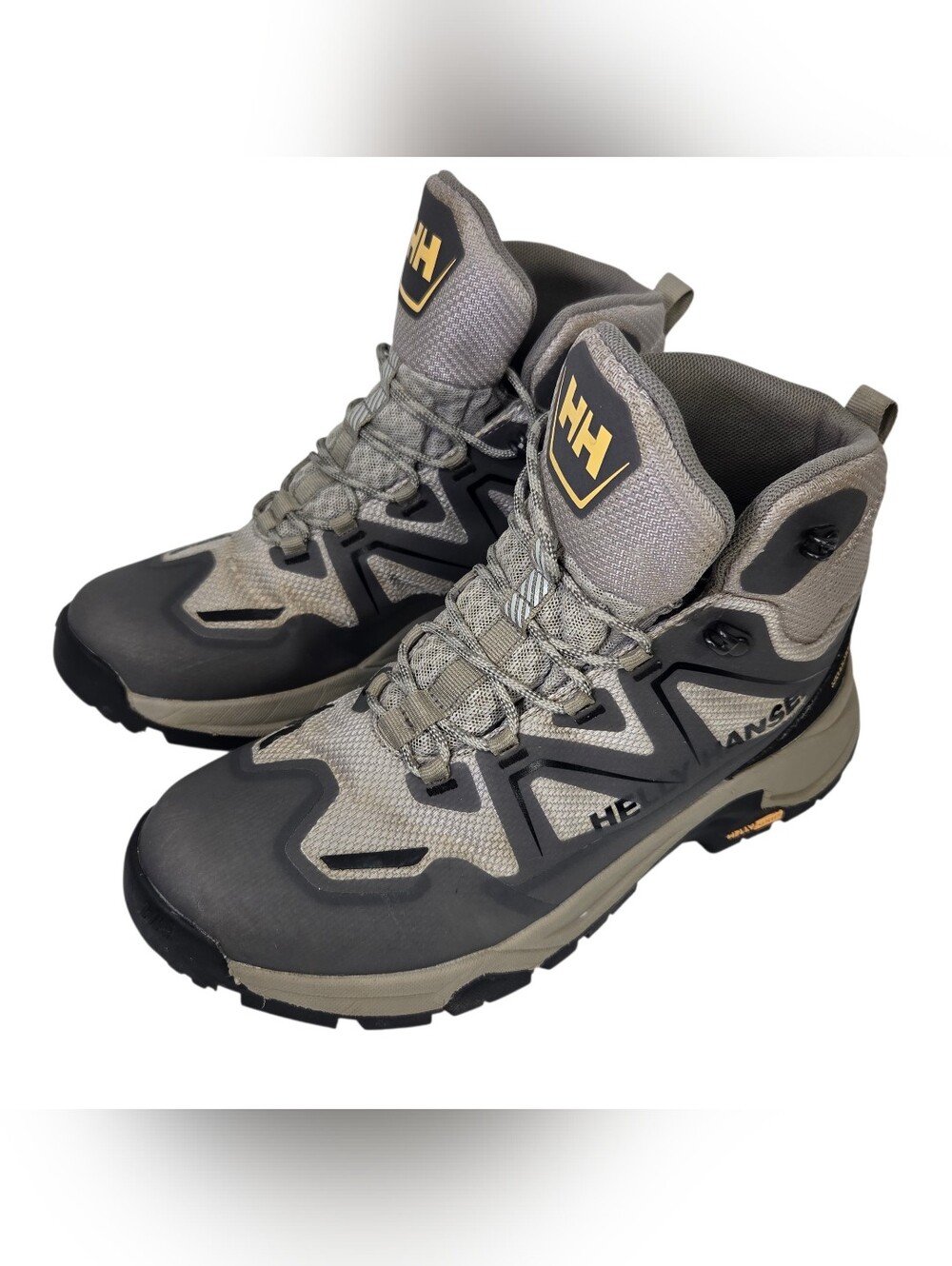 Helly Hansen Women's Gray and Black Hiking Boots with Gold Logo. Size 8
